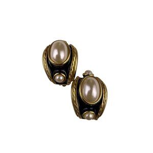 Erwin Pearl Gold Tone Clip-On Earrings Faux Pearl Black Enamel Vintage Design